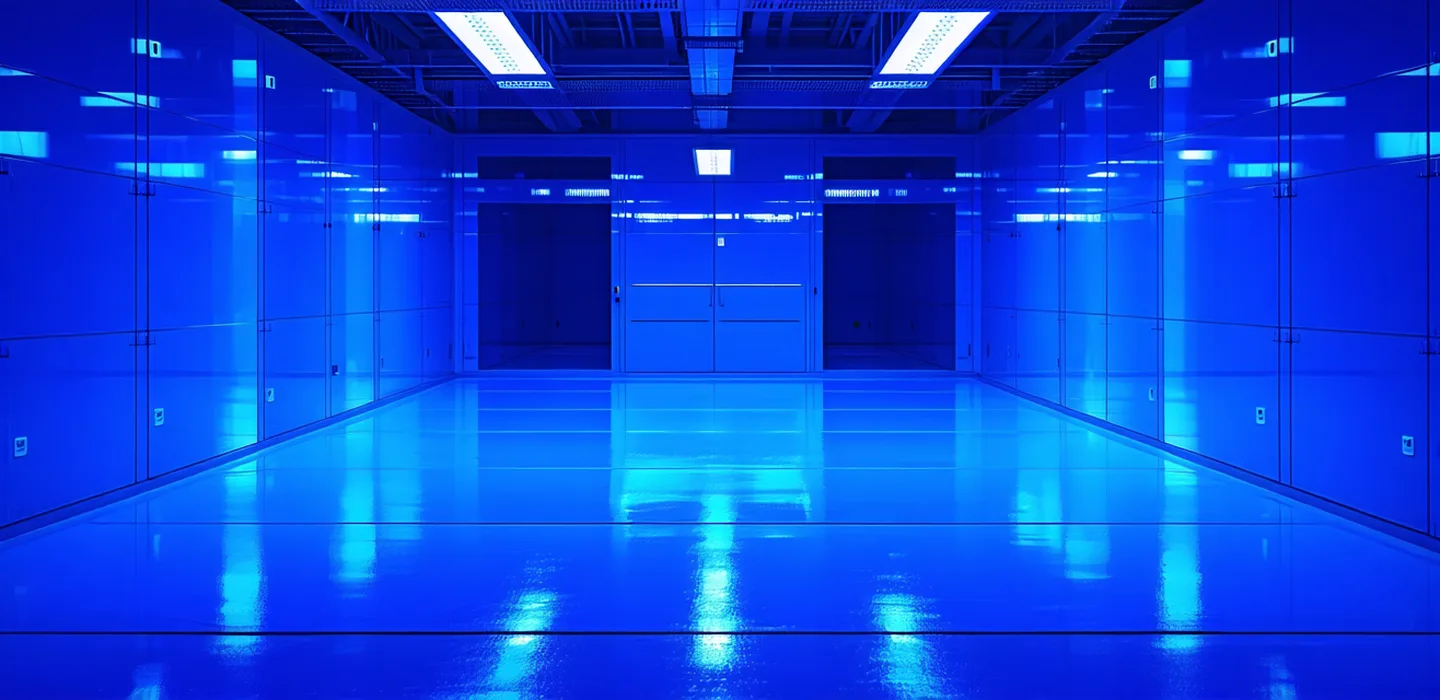 Abstract cleanroom environment visualization — deep blue-violet industrial precision atmosphere for semiconductor manufacturing